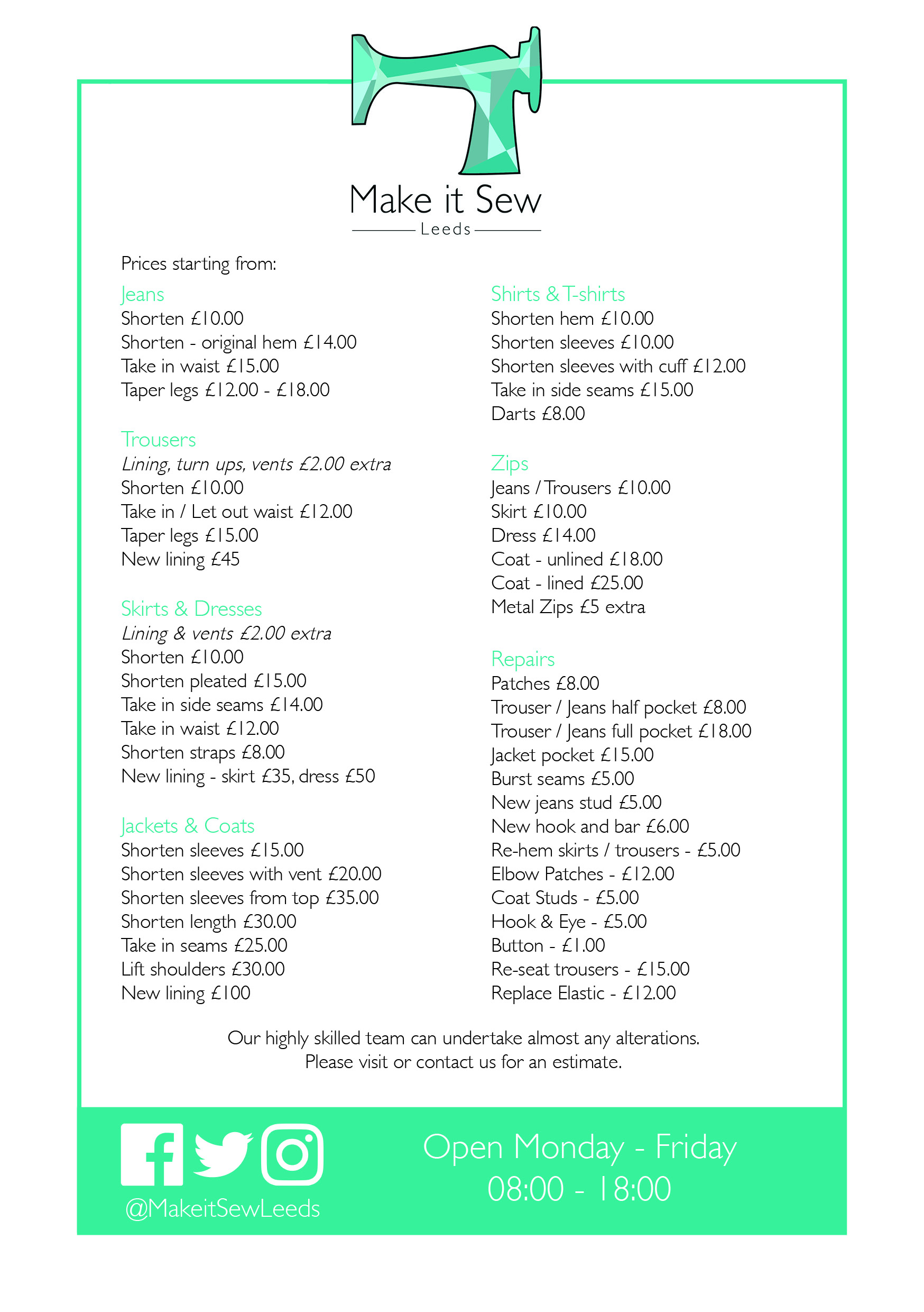 Sewing Alterations Price List Uk
